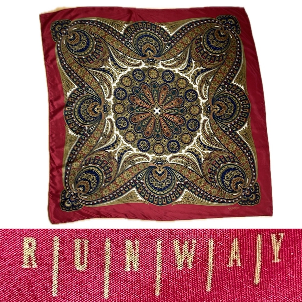 🟥 Paisley Red / Navy / Gold / Green Vintage Silk Scarf by RUNWAY — Square